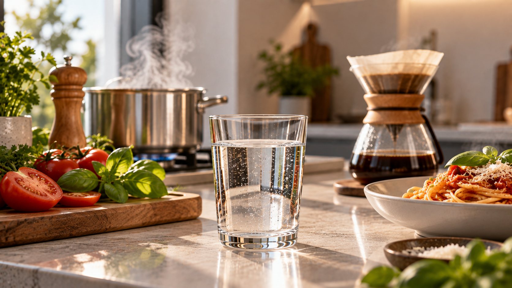 Copo de água pura ao lado de café e chá em uma cozinha clara, representando como a água impacta o sabor dos alimentos e bebidas