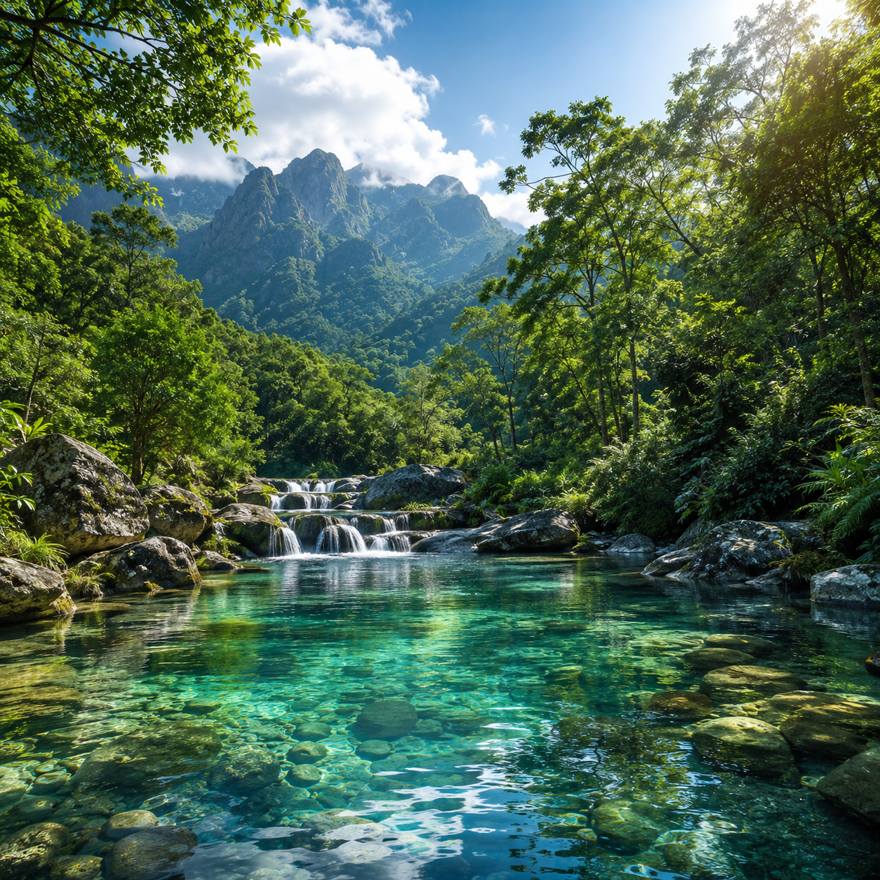 Paisagem natural preservada: rio de águas cristalinas cercado por floresta e montanhas ao fundo