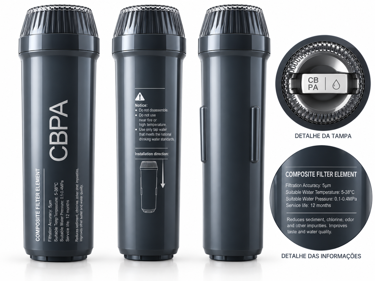 Cartucho CBPA (1º estágio): Elemento filtrante composto CBPA (PP+AC) de pré-filtração.