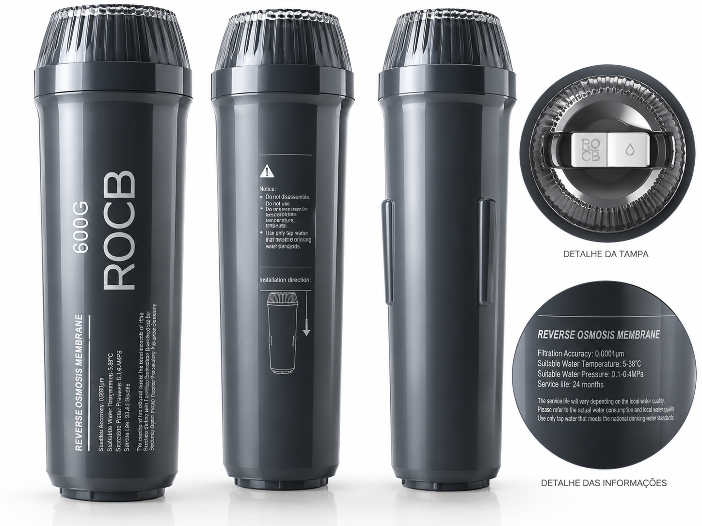 Cartucho ROCB (2º estágio): Membrana de osmose reversa com carvão ativado de pós-filtração.
