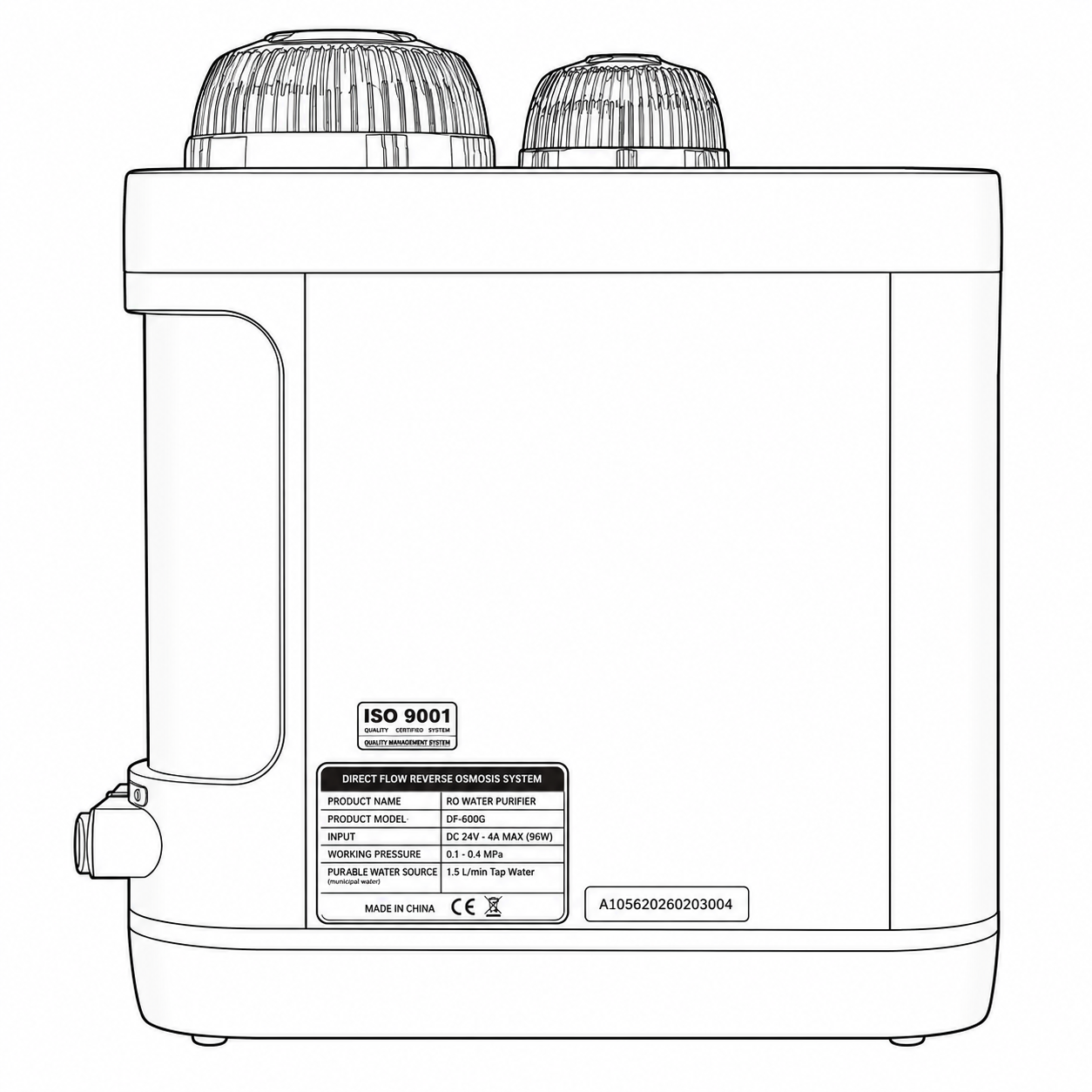Vista lateral com etiqueta: Perfil do equipamento com a etiqueta técnica (sistema RO de fluxo direto, entrada DC e pressão de trabalho).