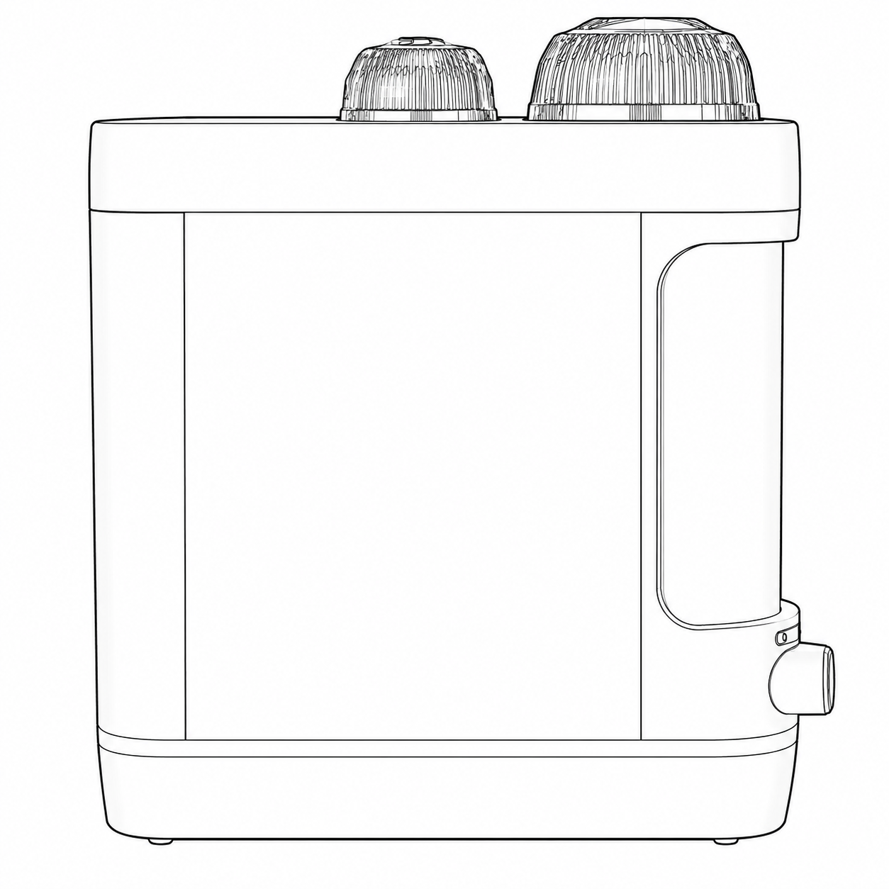 Vista lateral: Perfil com as tampas dos filtros, o corpo e o bocal de conexão lateral.