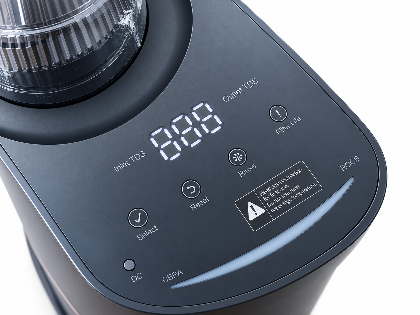 Painel de controle: Inlet/Outlet TDS, Select, Reset, Rinse, Filter Life, CBPA e ROCB