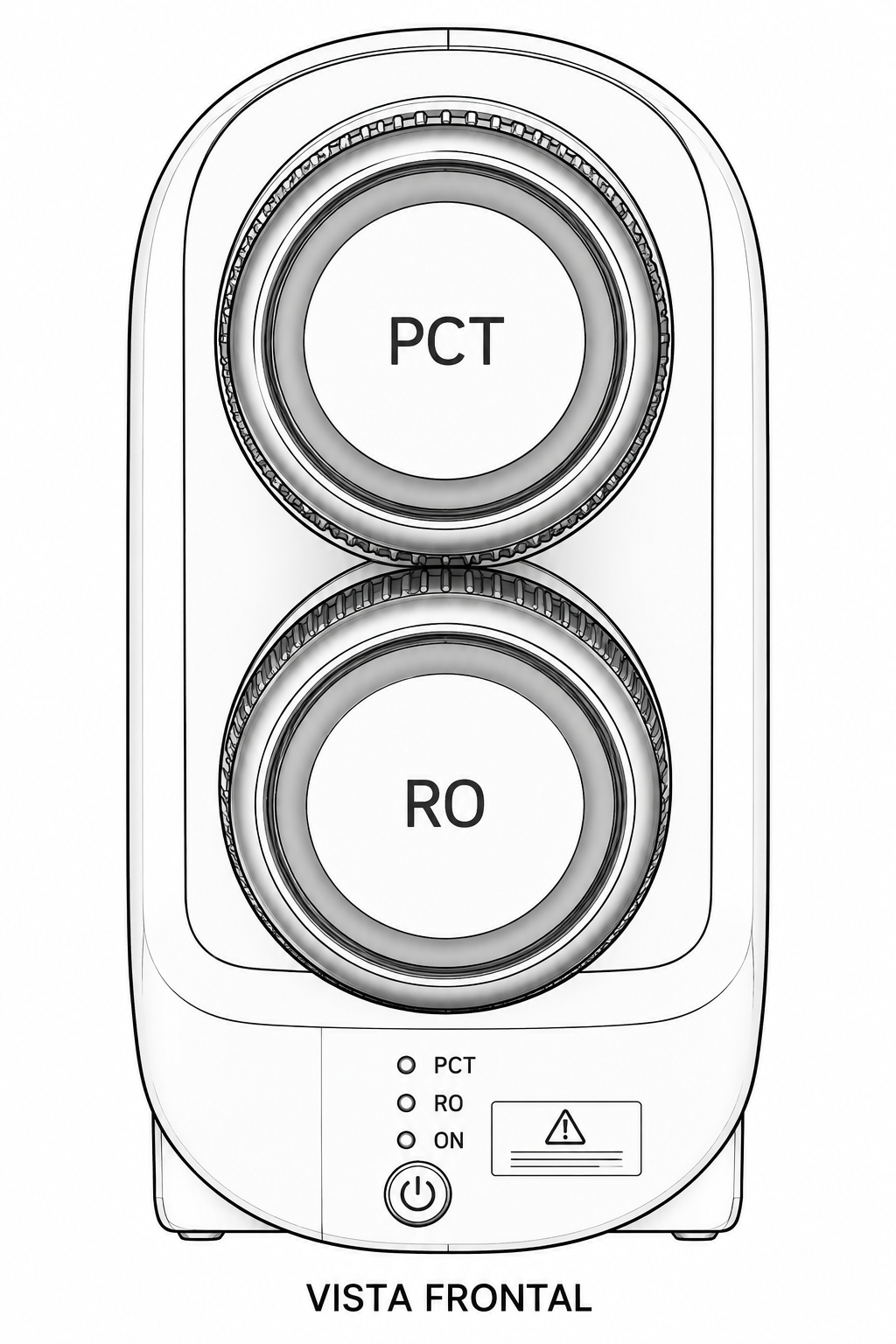Vista frontal: Filtros PCT e RO, display de TDS, indicadores e botão de energia.